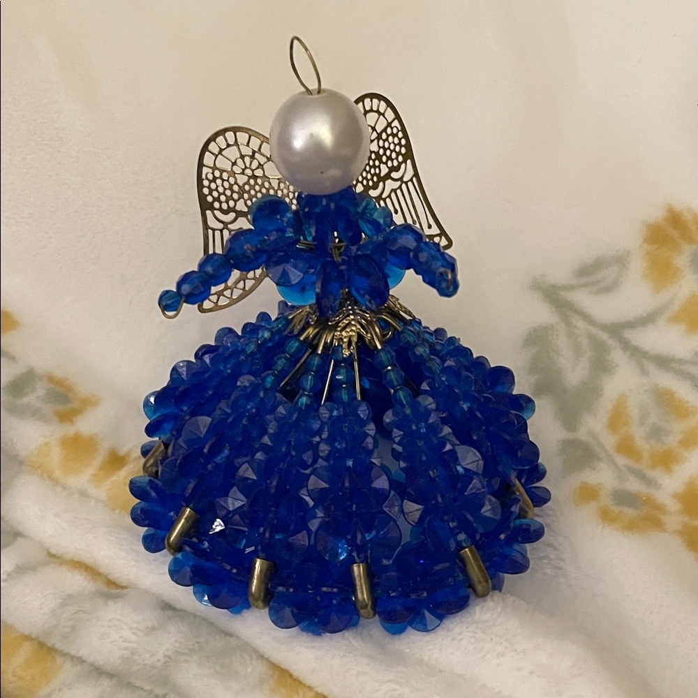 Vintage Handmade Blue Safety Pin  and Beads Angel